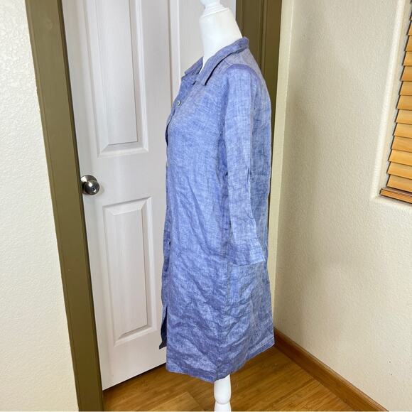 Fog Linen Work Blue Chambray Button Down 100% Linen Shirt Dress. - Picture 3 of 8